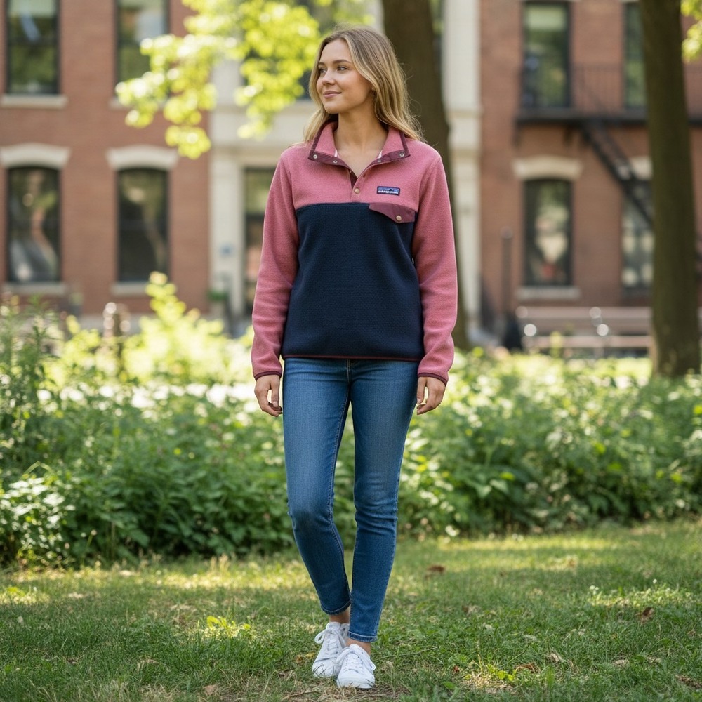 Patagonia Women's Small Medium Synchilla Snap-T Pink Navy Gorpcore Fleece